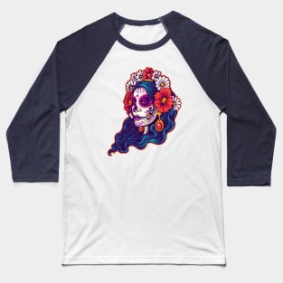 Dia de los Muertos Sugar Skull Woman Illustration Baseball T-Shirt